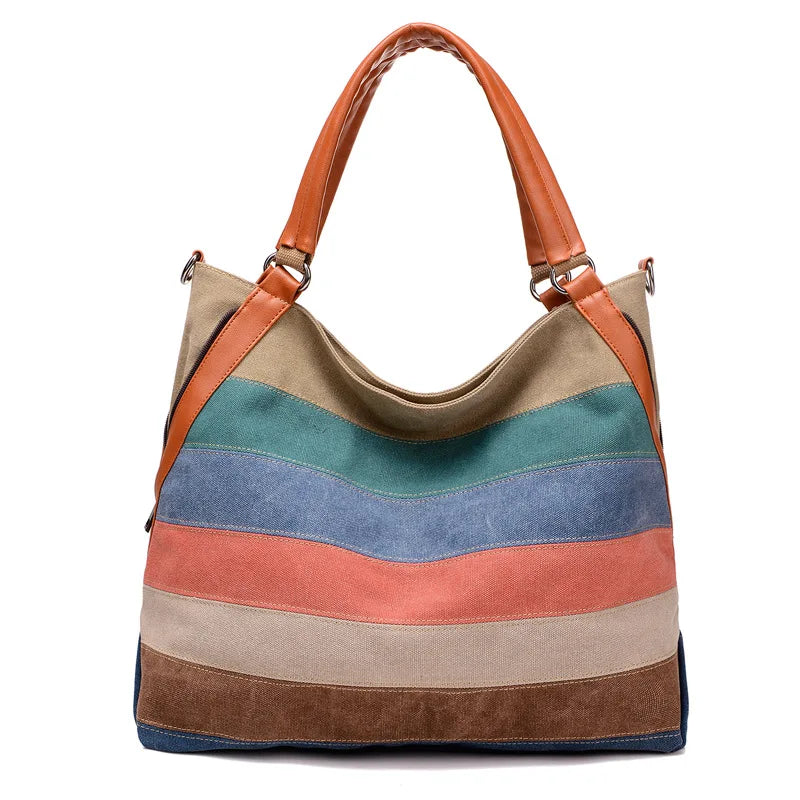 Umweltfreundliche Canvas-Umhängetasche für Damen – Hochwertige Handtasche mit bunten Streifen