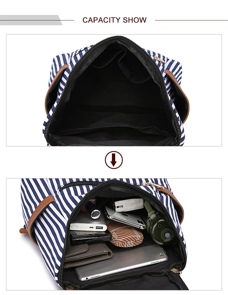 Gestreifter Canvas-Rucksack für Damen – Modische, lässige Sommertasche für Strand, Schule und Reisen