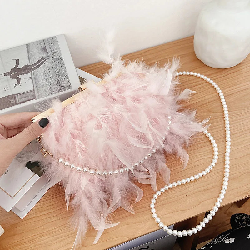 Women's Fashion Pearl Beaded Clutch Shoulder Bag with Real Turkey Feathers