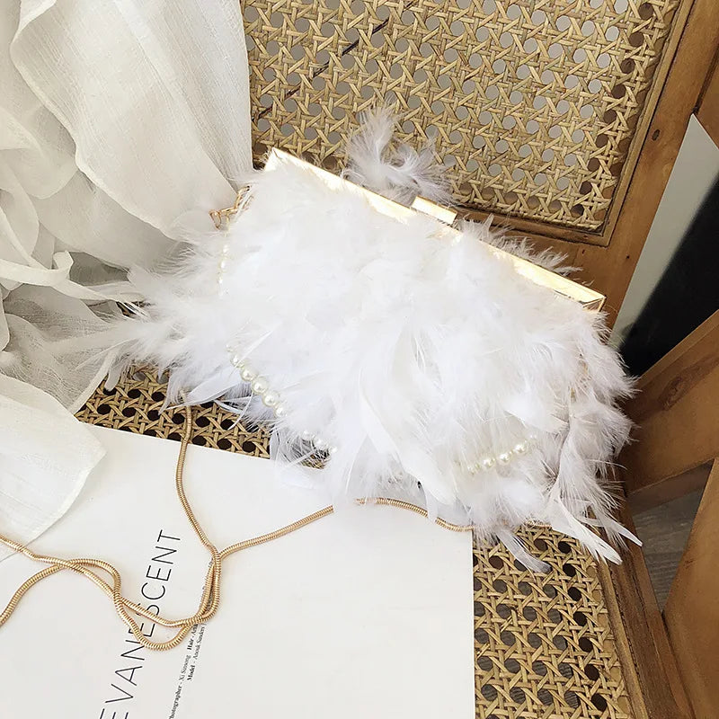 Women's Fashion Pearl Beaded Clutch Shoulder Bag with Real Turkey Feathers