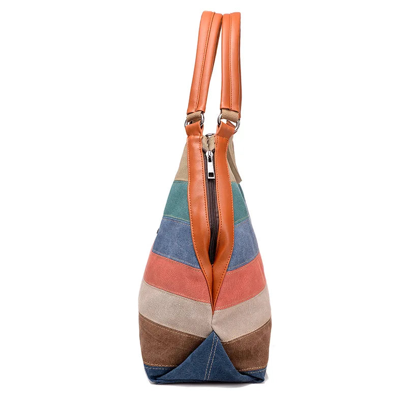 Umweltfreundliche Canvas-Umhängetasche für Damen – Hochwertige Handtasche mit bunten Streifen