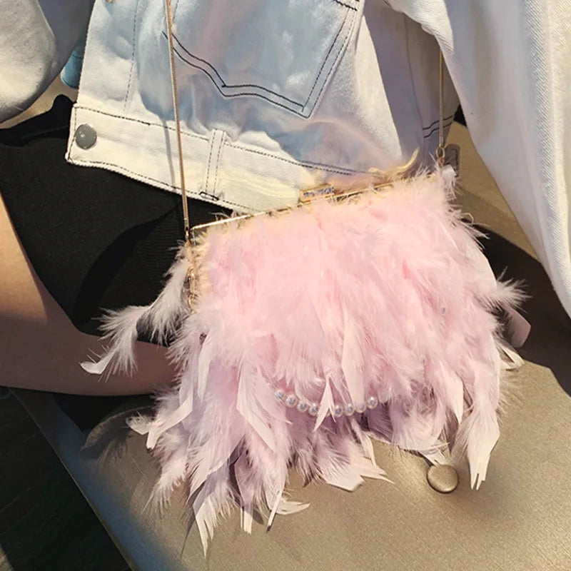 Women's Fashion Pearl Beaded Clutch Shoulder Bag with Real Turkey Feathers