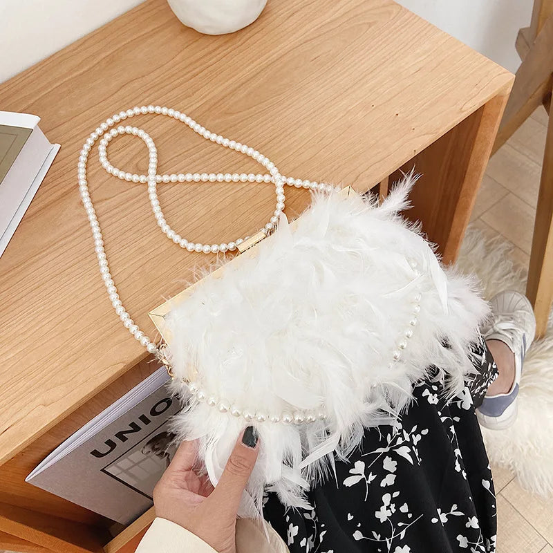 Women's Fashion Pearl Beaded Clutch Shoulder Bag with Real Turkey Feathers