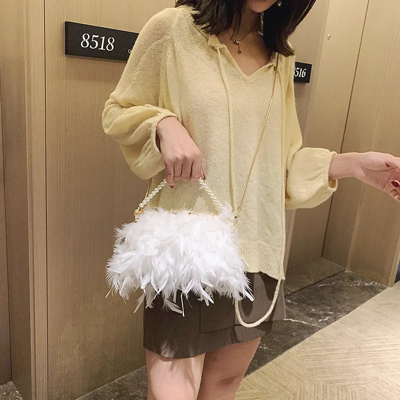 Women's Fashion Pearl Beaded Clutch Shoulder Bag with Real Turkey Feathers