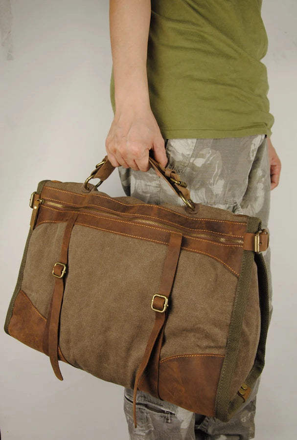 Herren-Wochenendtasche aus Canvas und Leder – Reisetasche im Vintage-Militärstil