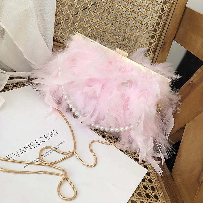 Women's Fashion Pearl Beaded Clutch Shoulder Bag with Real Turkey Feathers