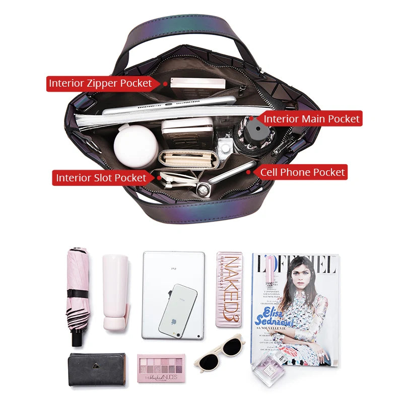 LOVEVOOK Geometrische reflektierende Handtasche – Leuchtende holografische Umhängetasche für Damen, Luxus-Geldbörse für Tag und Nacht