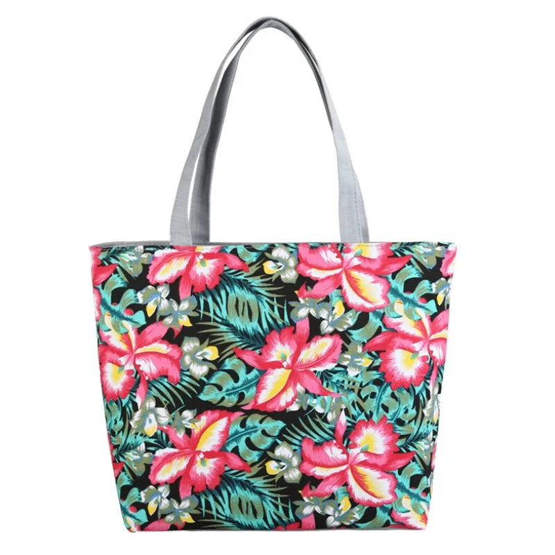 Umweltfreundliche Tragetasche aus Canvas mit Blumenmuster für Damen – Große Baumwollhandtasche mit Reißverschluss