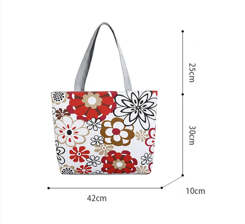 Umweltfreundliche Tragetasche aus Canvas mit Blumenmuster für Damen – Große Baumwollhandtasche mit Reißverschluss
