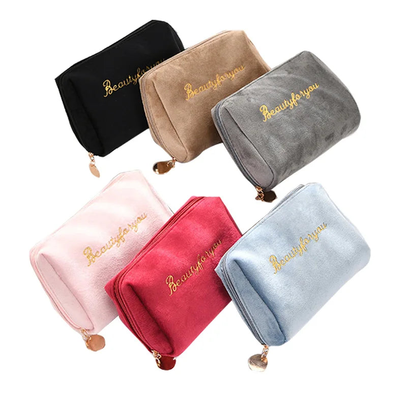 Velvet Women Cosmetic Bag Travel Zipper Large for Makeup Solid Color