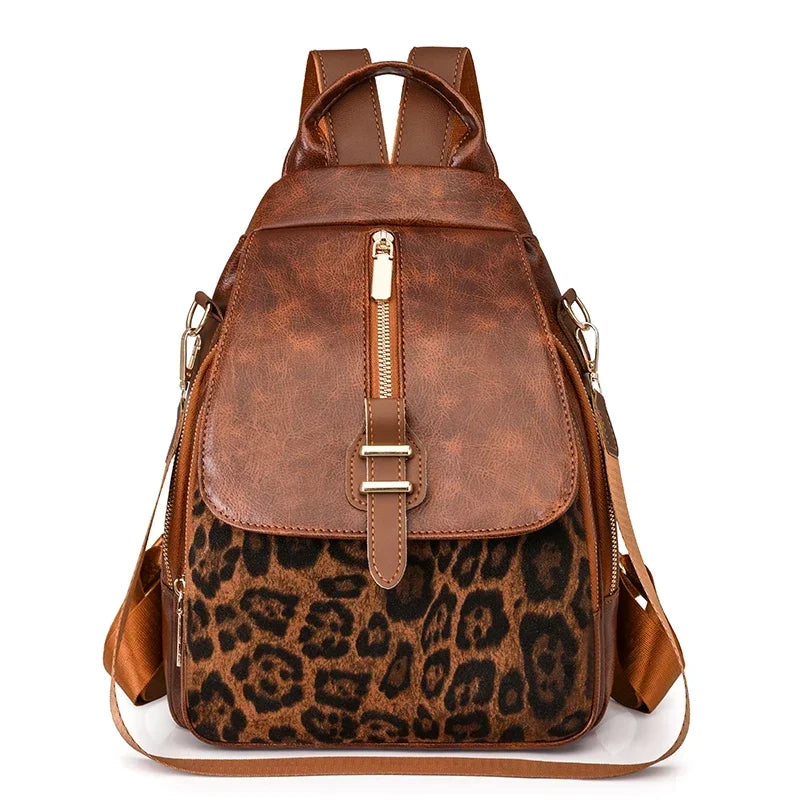 Damen-Rucksack mit Reißverschluss aus PU-Leder mit Leopardenmuster – modische Retro-Tasche für den Frühling
