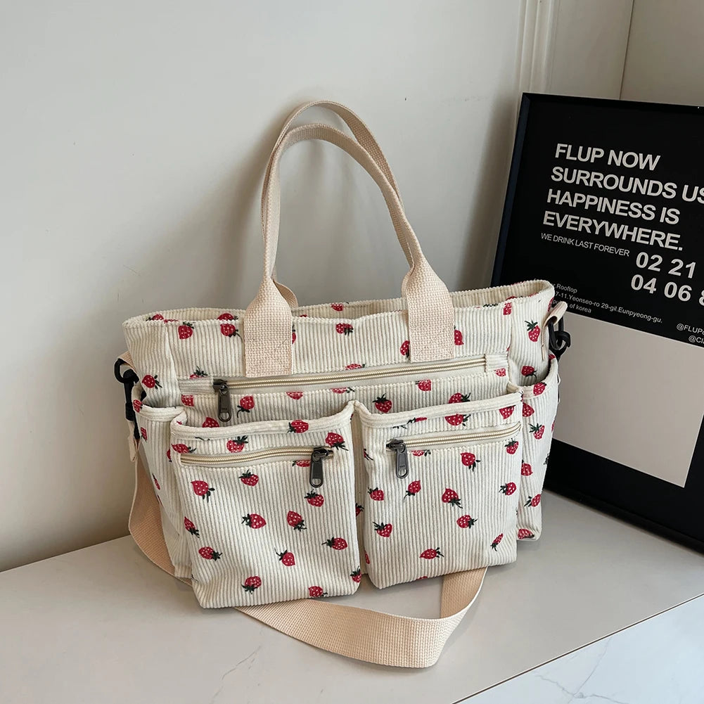 Cord-Lehrertasche für Damen – süßer Erdbeerdruck, große Kapazität, Schulter- und Umhängetasche für den Unterricht und Pendler, Tragetasche und Umhängetasche für die Arbeit und den täglichen Gebrauch, Messenger-Geldbörse