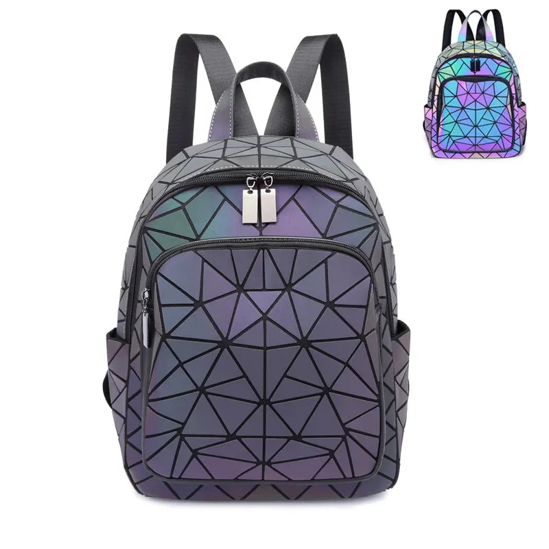 Leuchtender geometrischer Rucksack für Damen – holografische PVC-Schultasche für Teenager und Reisen