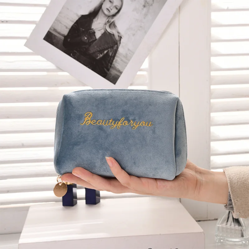 Velvet Women Cosmetic Bag Travel Zipper Large for Makeup Solid Color