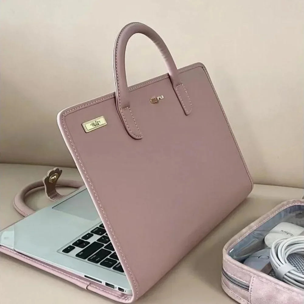 Stoßfeste rosa PU-Laptophülle mit Griff – Schutzhülle für MacBook, Lenovo, Xiaomi & Huawei