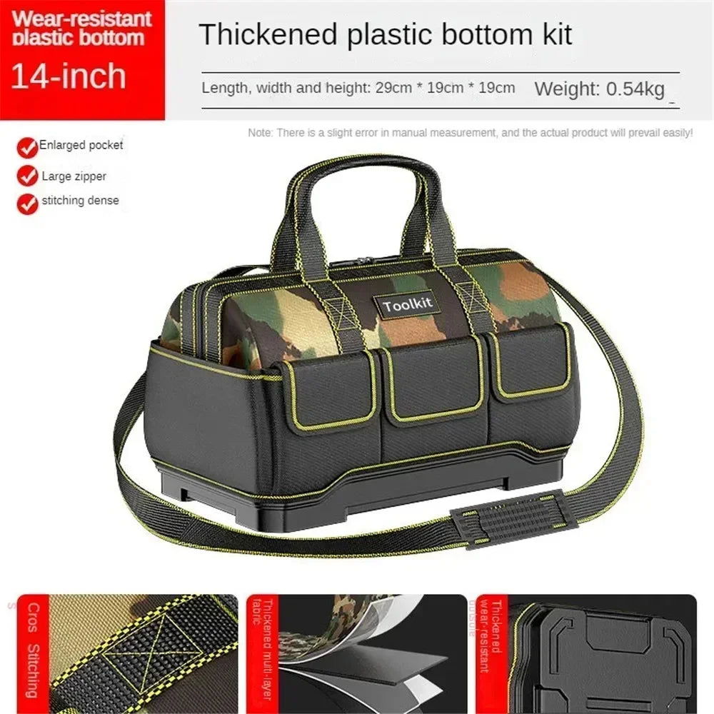 Werkzeugtasche für Elektriker in Camouflage – Wasserdichter, harter Boden, Werkzeug-Organizer mit mehreren Taschen und Schultergurt