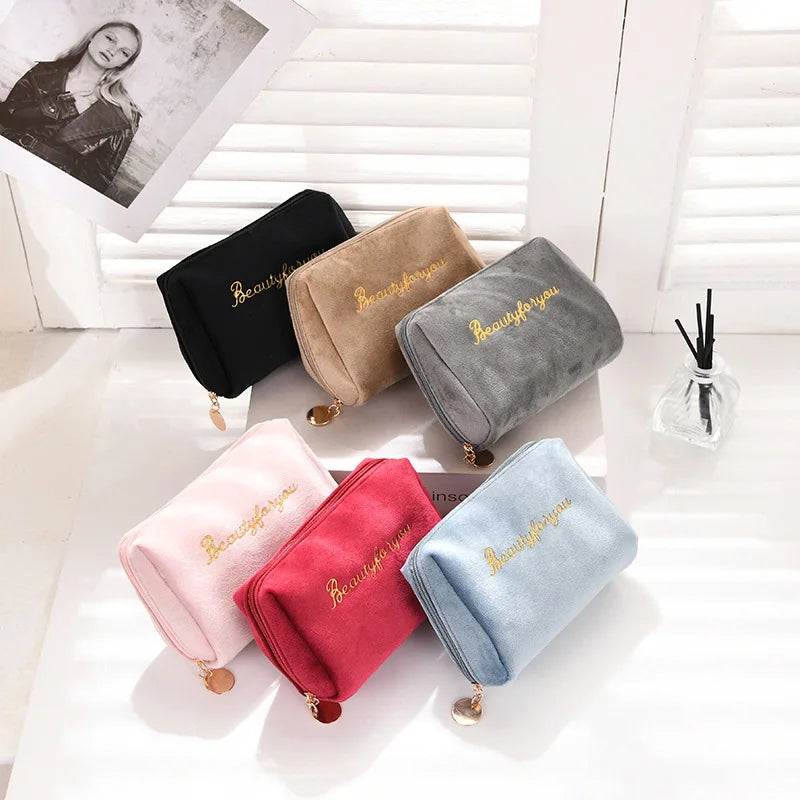 Velvet Women Cosmetic Bag Travel Zipper Large for Makeup Solid Color