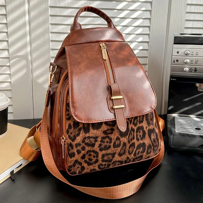 Damen-Rucksack mit Reißverschluss aus PU-Leder mit Leopardenmuster – modische Retro-Tasche für den Frühling