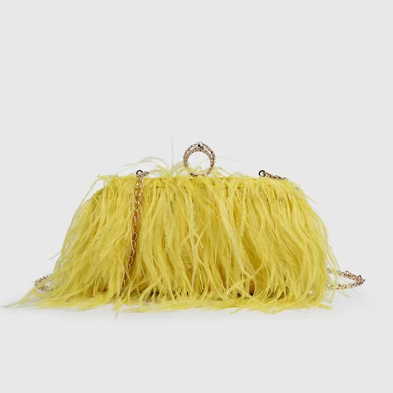 Multicolored Ostrich Feather Evening Clutch Purse with Knuckle Ring