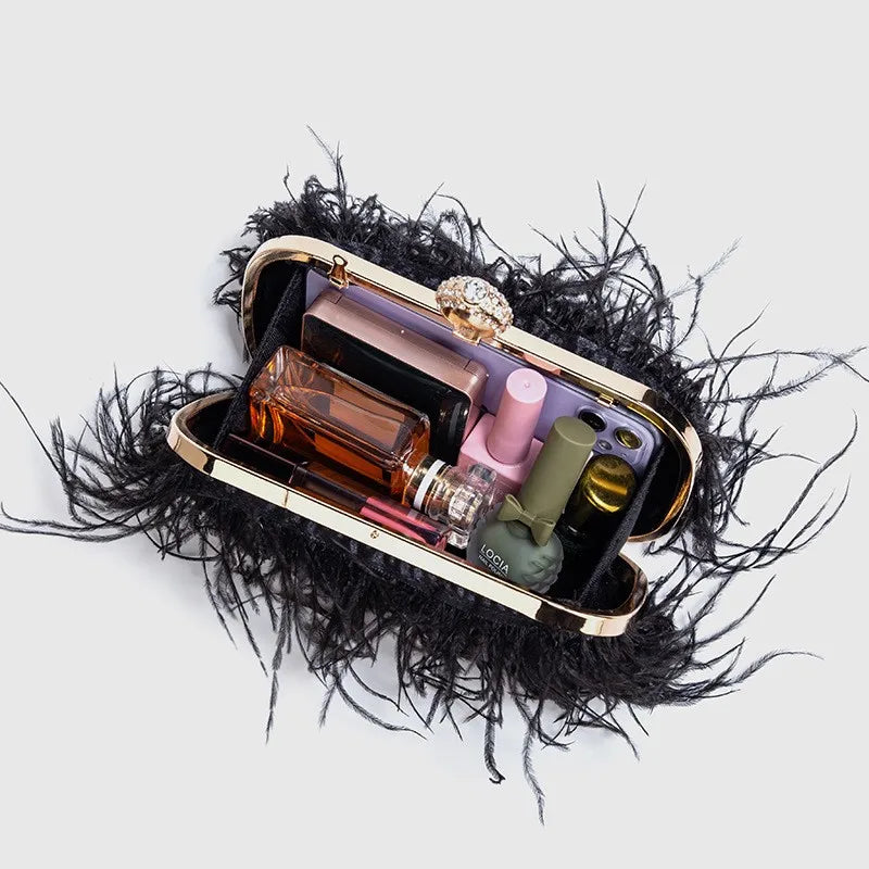 Multicolored Ostrich Feather Evening Clutch Purse with Knuckle Ring