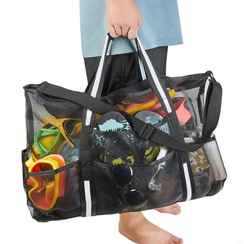 Extragroße Netz-Strandtasche D46C – Leichte Nylon-Tragetasche mit Reißverschluss und Taschen für Reise-, Pool- und Sommerausrüstung