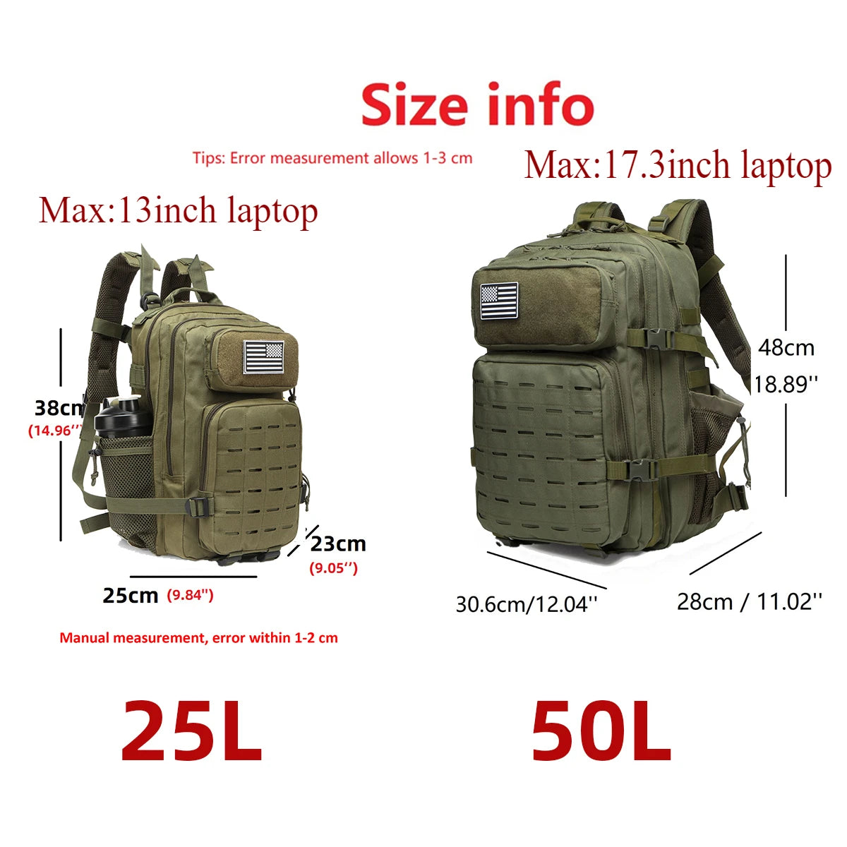 25L/50L Tactical MOLLE Backpack – Hunting, Hiking & Gym Rucksack for Men with 2 Bottle Holders, EDC Outdoor Bag