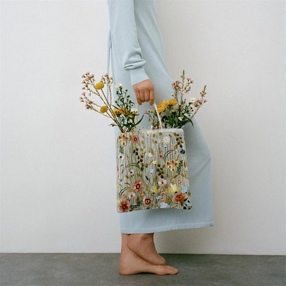 Tote Bag mit bestickter Netzblume – Transparente Sommer-Umhängetasche für Damen