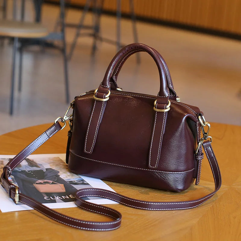 Vintage Luxury Cowhide Leather Women's Shoulder Bag Designer Boston