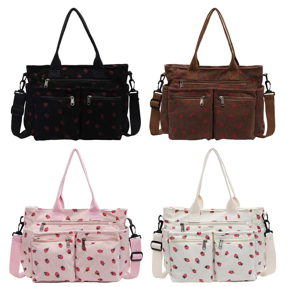 Cord-Lehrertasche für Damen – süßer Erdbeerdruck, große Kapazität, Schulter- und Umhängetasche für den Unterricht und Pendler, Tragetasche und Umhängetasche für die Arbeit und den täglichen Gebrauch, Messenger-Geldbörse