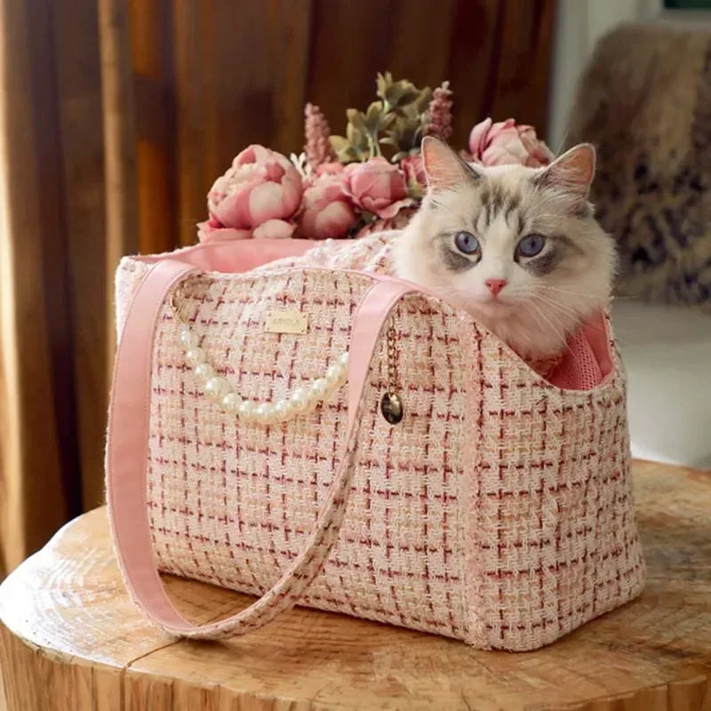 Luxury Plaid Small Dog Carrier Shoulder Bag – Soft-Sided Travel Handbag for Cats & Puppies