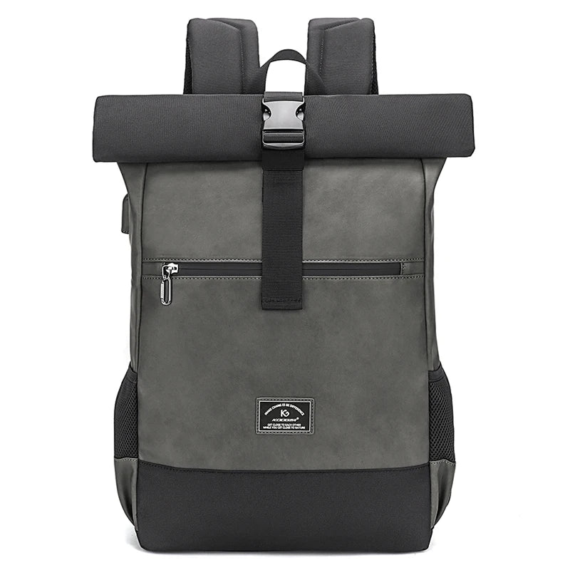 Luxury Waterproof PU Leather Backpack Lightweight Roll Top Rucksack