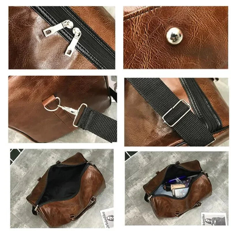 Men Leather Travel Bag Large Duffle Independent Shoulder Zipper