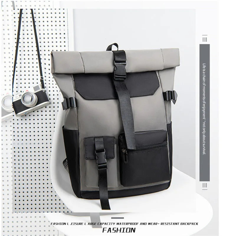 Roll-Top Backpack Unisex Fashionable Casual Travel Bag with Laptop Compartment Softback