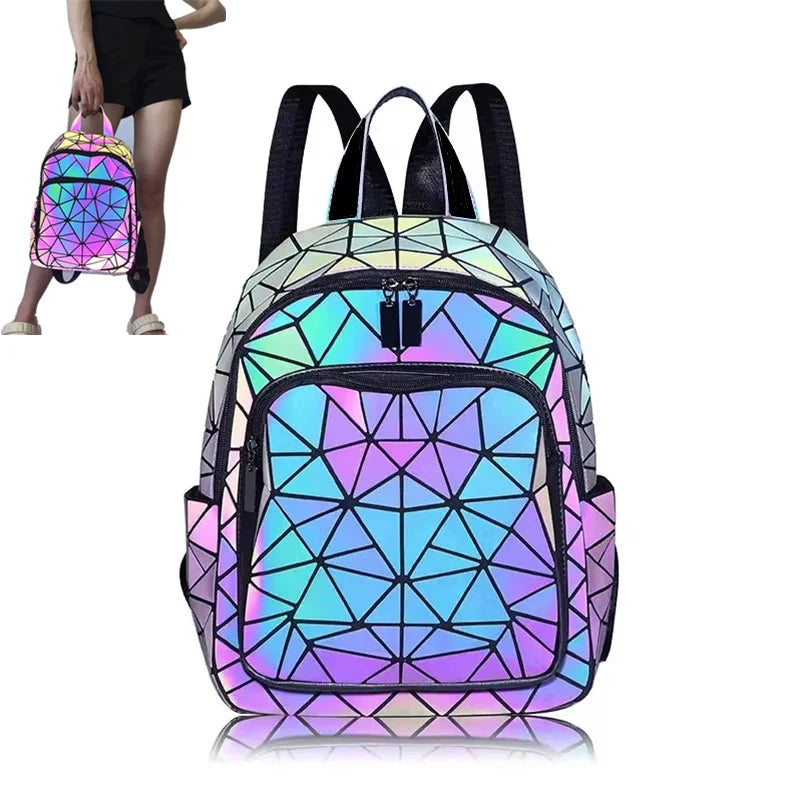 Leuchtender geometrischer Rucksack für Damen – holografische PVC-Schultasche für Teenager und Reisen