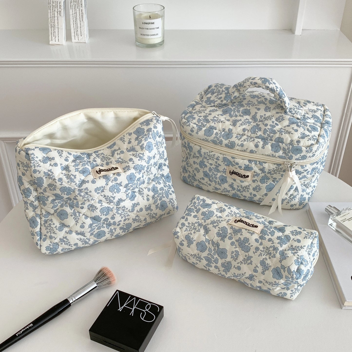 3-teiliges Kosmetiktaschen-Set aus Baumwolle mit Blumenmuster – Reise-Organizer-Taschen mit großem Fassungsvermögen für Damen