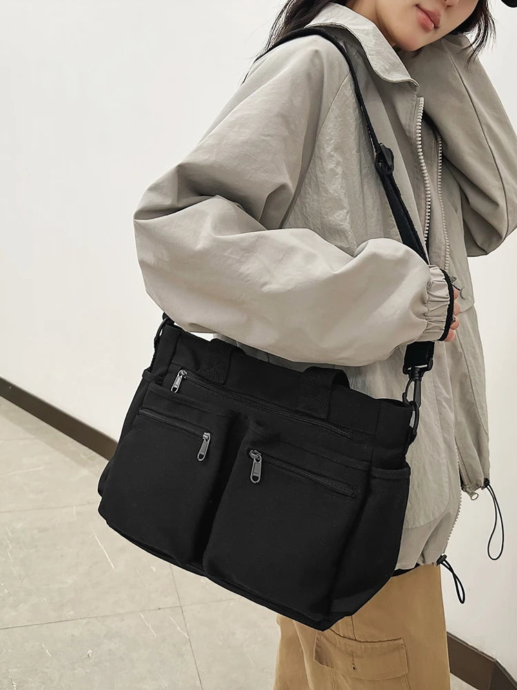 Lehrertasche aus Segeltuch für Damen – Große Schultertasche mit Reißverschluss und Innenfächern, lässiges Farbblock-Design