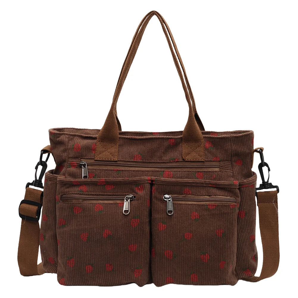 Cord-Lehrertasche für Damen – süßer Erdbeerdruck, große Kapazität, Schulter- und Umhängetasche für den Unterricht und Pendler, Tragetasche und Umhängetasche für die Arbeit und den täglichen Gebrauch, Messenger-Geldbörse