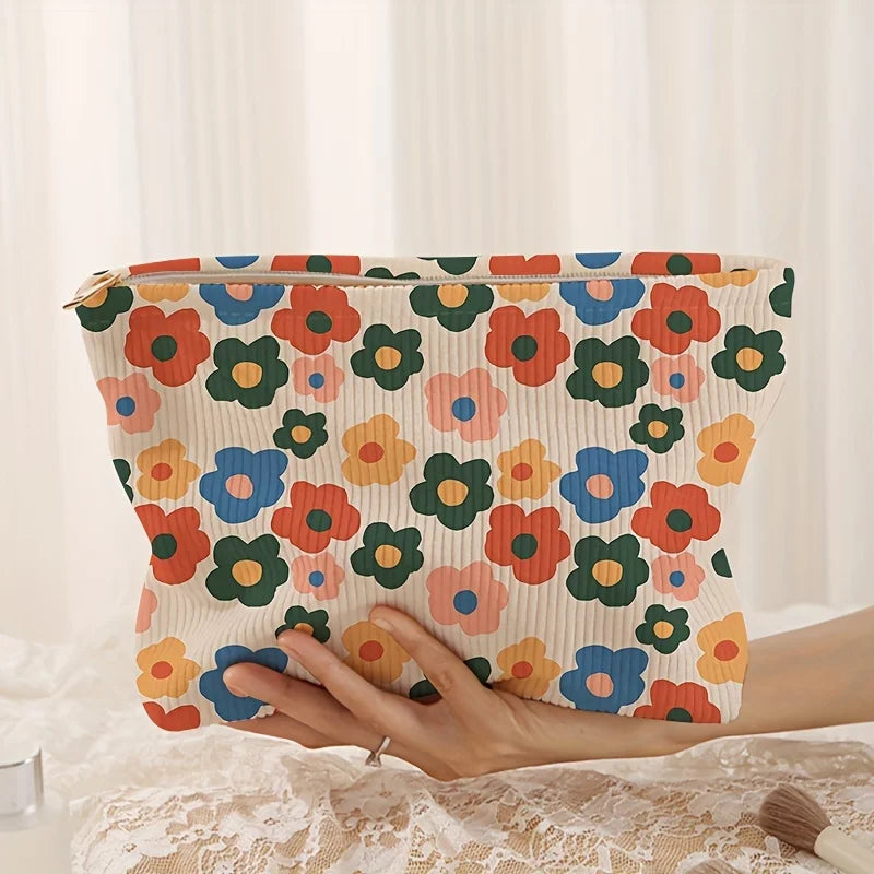 Minimalistisch gestaltete Kosmetiktasche aus Cord mit Blumenmuster und Reißverschluss, leichtes und multifunktionales Kosmetik-Aufbewahrungstaschen-Set