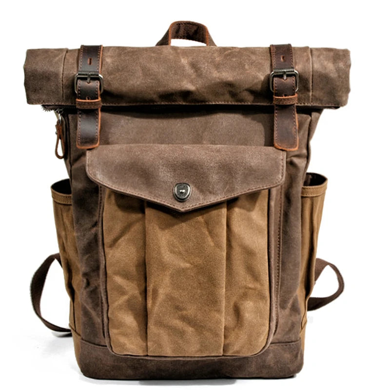 Luxury Vintage Canvas Backpack for Men – Oil Wax Leather Travel Rucksack, Large Waterproof Retro Daypack