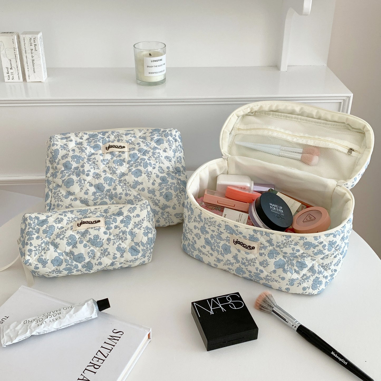 3-teiliges Kosmetiktaschen-Set aus Baumwolle mit Blumenmuster – Reise-Organizer-Taschen mit großem Fassungsvermögen für Damen