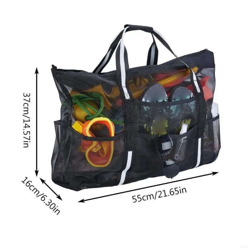 Extra-Large D46C Mesh Beach Bag with Pockets & Zipper Lightweight Nylon Beach
