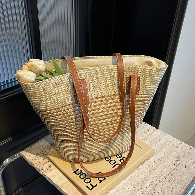 Women's Summer Large Capacity Straw Shoulder Bag Beach Vacation Lightweight