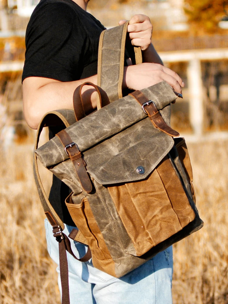 Luxury Vintage Canvas Backpack for Men – Oil Wax Leather Travel Rucksack, Large Waterproof Retro Daypack