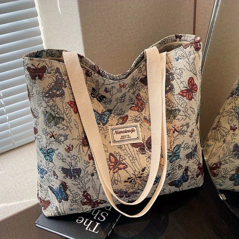 Schicke Canvas-Handtasche mit großem Fassungsvermögen und buntem Schmetterlings- und Blumendesign – modische Umhängetasche mit Reißverschluss