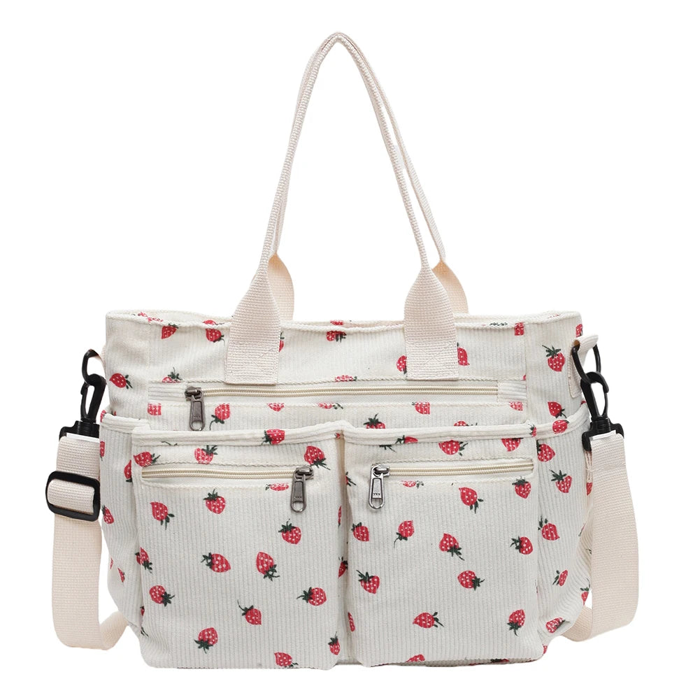 Cord-Lehrertasche für Damen – süßer Erdbeerdruck, große Kapazität, Schulter- und Umhängetasche für den Unterricht und Pendler, Tragetasche und Umhängetasche für die Arbeit und den täglichen Gebrauch, Messenger-Geldbörse