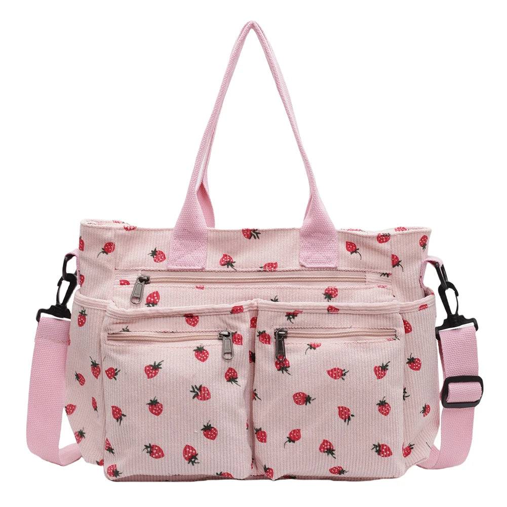 Cord-Lehrertasche für Damen – süßer Erdbeerdruck, große Kapazität, Schulter- und Umhängetasche für den Unterricht und Pendler, Tragetasche und Umhängetasche für die Arbeit und den täglichen Gebrauch, Messenger-Geldbörse