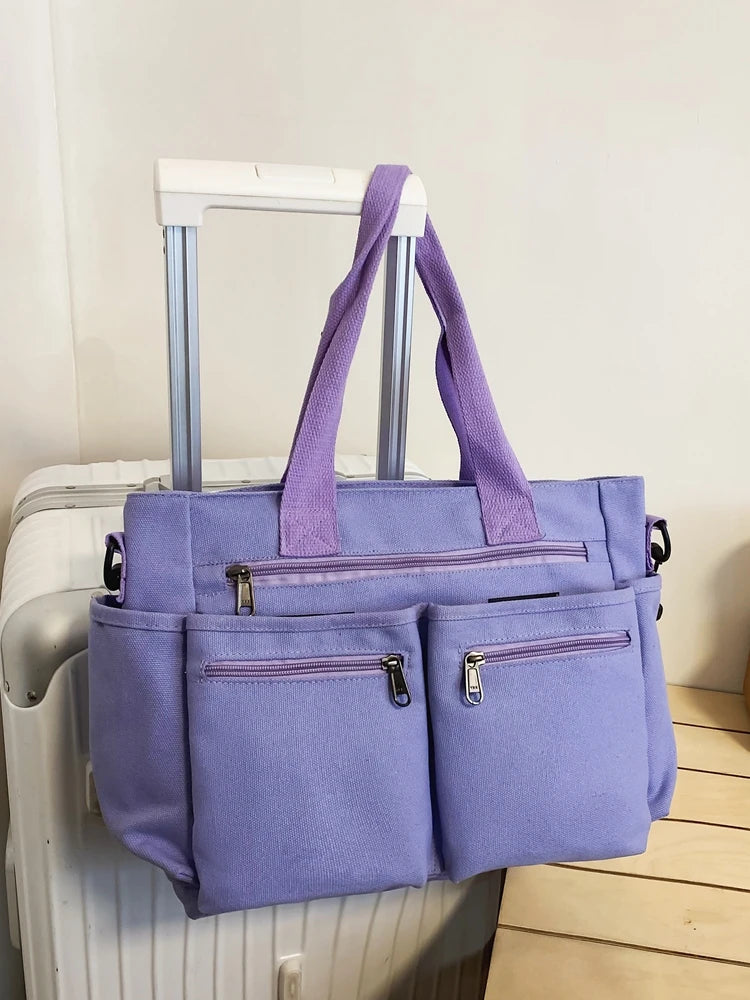 Lehrertasche aus Segeltuch für Damen – Große Schultertasche mit Reißverschluss und Innenfächern, lässiges Farbblock-Design