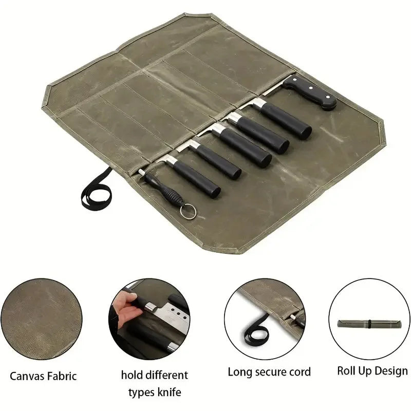 Rolltasche für Kochmesser aus gewachstem Canvas – Tragbare, wasserdichte Aufbewahrung für Küchen-, Picknick-, Camping- und Grillutensilien