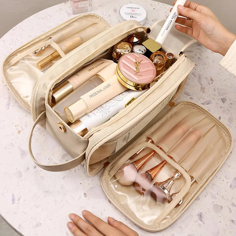 Schminktasche aus PU-Leder für Damen – Reise-Organizer mit großem Fassungsvermögen, Doppelreißverschluss und Pinselaufbewahrung