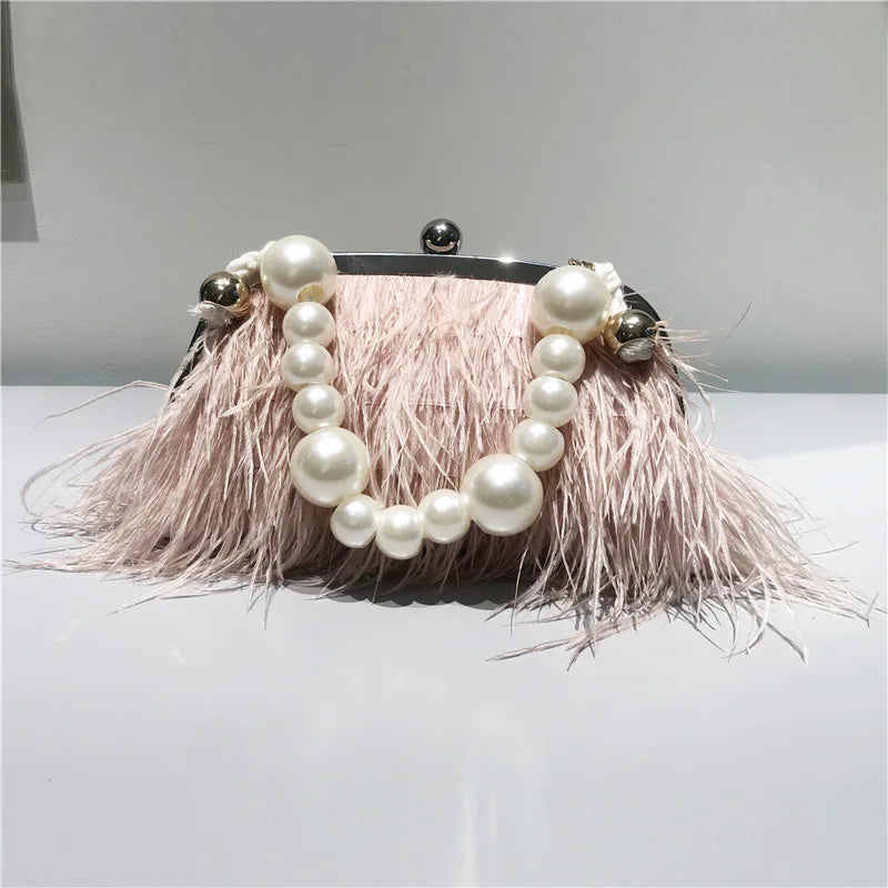 Luxuriöse Abendtasche mit Federn für Damen – Umhängetasche mit Perlenkette und Schlangendesign für Partys und Veranstaltungen